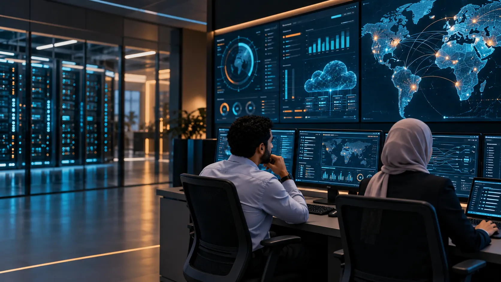 Technology operations team monitoring secure enterprise services